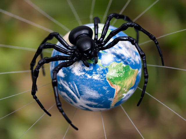 une araignee robot de métal noir , avec des baskets a chaque pattes tissant sa toile autour du globe terrestre,  en allusion au Web. le globe sera en vue partielle et en gros plan