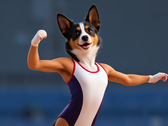 A anthropomorphic border collie Olympic gymnast wearing a leotard