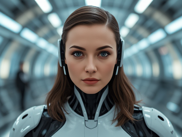 Beyond Westworld, a futuristic Laura Garvey as a highly detailed fembot, showcasing advanced robotic features, sleek design, and expressive eyes in a high-tech environment
