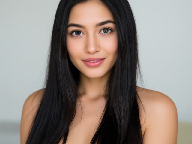 Beautiful Latina woman, captivating grayish-green eyes, long black straight hair, thick and beautifully shaped eyebrows, fair and flawless skin, rosy cheeks with a healthy glow, light pink thin lips forming a gentle smile, feminine silhouette with big round breasts and small round hips, exuding charm and cuteness