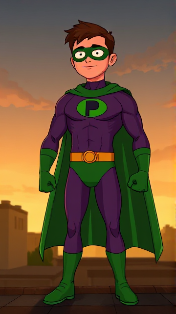 Dramatic Cartoon scene: A young, Autistic 25-year old boy with light skin and flat, smooth, and slick brown hair with a singular curled bang in the shape of a P sticking out at the front named T.J. Granger, but transformed into a genetically-altered superhero named Powerman, who, despite still being a young adult kid, has an extremely muscular body. He wears a sleek purple bodysuit with a green P symbol on his chest, a golden belt with a circular buckle, green briefs, green boots, green long-cuffed gloves, a really big, toe-length long, ultra-wide green cape wreathed around his neck, and a green eye mask that protects his true identity and also causes his pupils to magically disappear as his eyes glow an eerie white. He also has incredible and invincible superpowers flowing through his veins. In this scene, Powerman is currently standing on the roof of his house in the morning, ready for action.