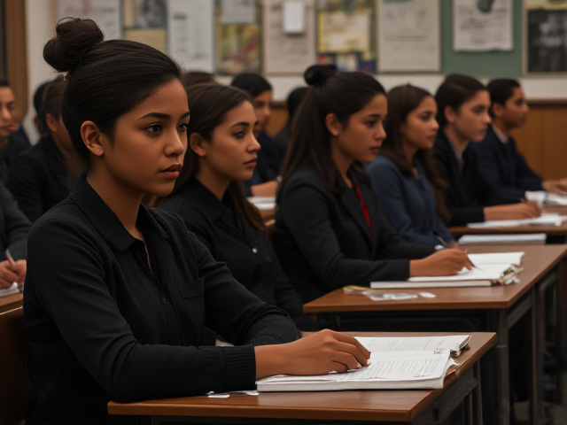 Des élèves noirs de huit ans assis en classe, écoutant attentivement le professeur, avec des cahiers et des crayons sur leurs bureaux