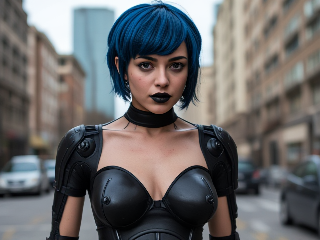 Nymph goth girl, with face tattoos in a prosthetic robotic suit, blue black short hair, black lipstick, 25 years, walking in a metropolitan area, buildings and cars in background