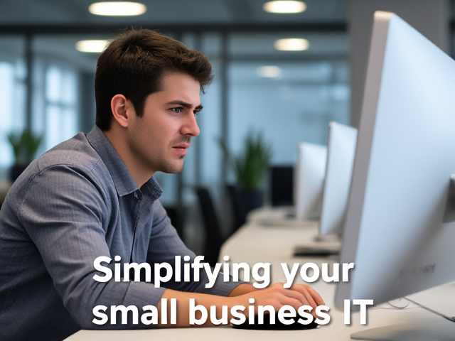 frustrated person at a computer in a modern office, expression of stress and concentration, with text below saying "Simplifying your small business IT", realistic lighting and details