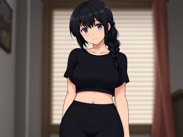 A anime shy woman with black hair tied in a braid with beautiful blue eyes wearing a black crop top and leggings with a curvy body and curvy legs.