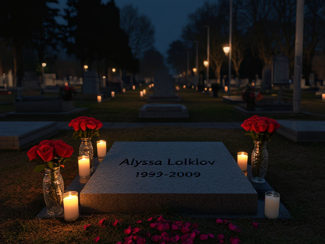 A grave that has the name 'Alyssa Volklov 1993-2009' engraved on it with roses in vases surrounding it at night with other graves (cemetery), no light shining, only candles