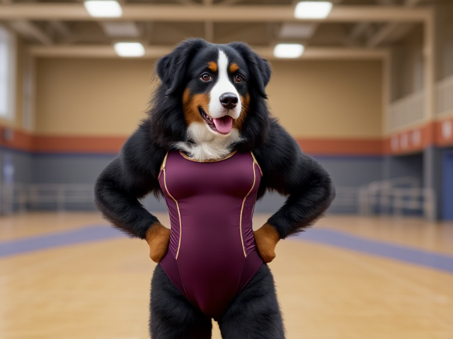 Anthropomorphic Bernese mountain dog with large hips, wearing a gymnastics leotard, in a gymnasium setting, detailed and vibrant