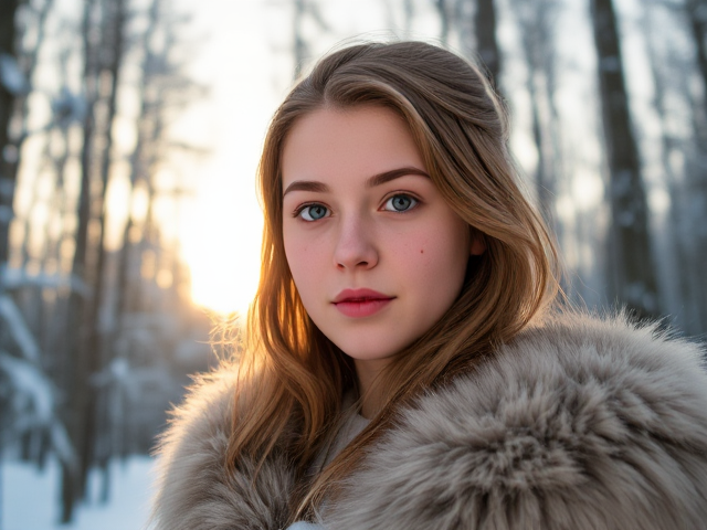 Vikikng, teen girl, light green eyes, sandy brown hair, freckles, in a snowy forest wearing furs