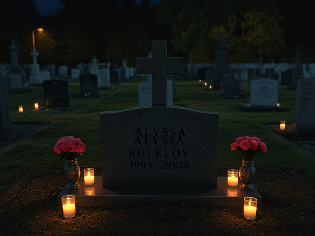 A grave that has the name 'Alyssa Volklov 1993-2009' engraved on it with roses in vases surrounding it at night with other graves (cemetery), no light shining, only candles