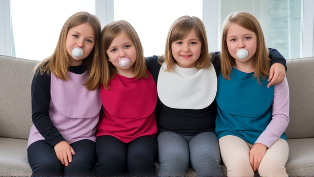 Quatre filles adolescentes aux cheveux lisses et dégagé et de différentes couleurs a l'avant assis dans un canapé avec des très grands bavoirs simple de différentes couleurs et des tétines en bouches elles sont en tee-shirts manches longues de différentes couleurs foncées que les Bavoirs et avec des pantalons elle se font un gros câlin et il y a une grande fenêtre derrière le canapé