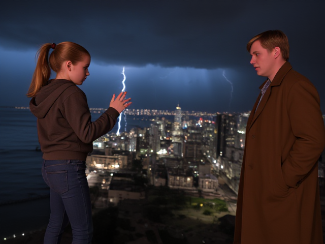 A petite 13-year-old girl with strawberry blonde hair in a ponytail, wearing a hooded pullover and jeans, is standing on the roof ledge of a night club. Next to her on the roof, standing nearby is a modern-day, pale skinned vampire in his late twenties, with blonde hair, dressed in a brown trench coat and jeans. He appears uneasy as he looks at her, holding his hands out and taking a step back. The girl gestures angrily at him, flailing her arms and scowling at him in frustration. A thunderstorm approaches the cityscape from the sea shore. Set at night.