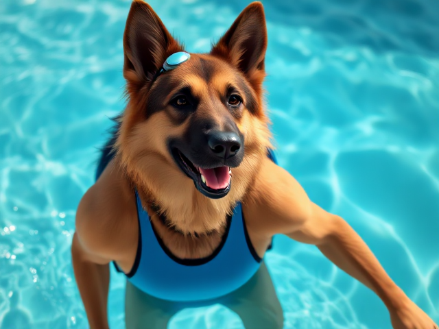 A anthropomorphic long-haired German shepherd with a long torso and broad shoulders wearing a one-piece swimsuit and swimming goggles