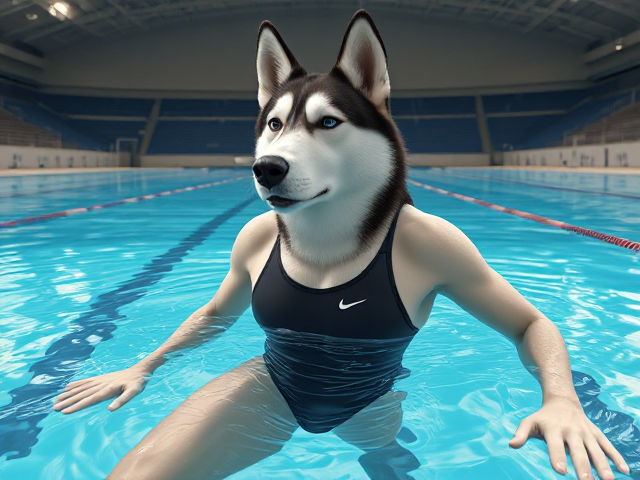 A tall anthropomorphic Siberian husky with a long torso and broad shoulders, wearing a high cut Nike one piece swimsuit while swimming in a Olympic sized pool