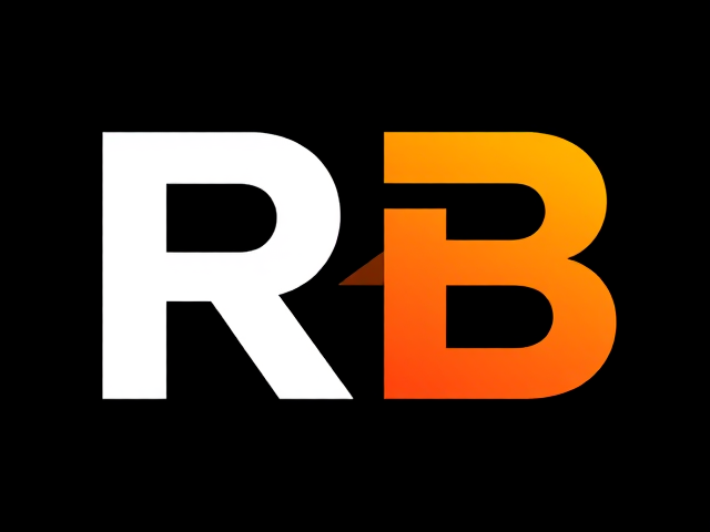 Create a logo using only the letters R and B in a bold, modern font. The R should be in a dark color, such as white  representing strength and stability. The B should be in a bright color, like yellow, orange, or red, symbolizing energy and action. Both letters should have a slight tilt or upward movement to give a sense of momentum and growth. Keep the design clean and simple with a black or white background to make the letters stand out clearly. No additional symbols are needed—just focus on the strong, impactful typography of "R" and "B."
