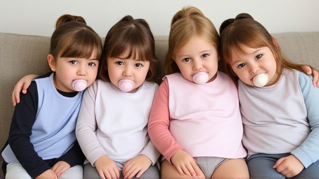 Quatre filles adolescentes assis dans un canapé elles ont les cheveux de différentes couleurs lisses et dégage à l’avant  elles ont des grands bavoir simple de différentes couleurs et des tétine en bouche elles ont des tee-shirt manche longue et se font un gros câlins