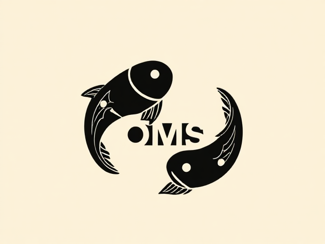 Minimalistic japanese themed logo with two fish and the letters "OMS" hidden within the fish, The letters "OMS" must be cleverly hidden into the fish