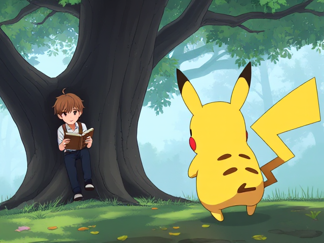 Un pikachu qui poursuit un garçon avec de cheveux longs et une queue de cheval à côté il y’a un garçon avec les cheveux courts ,brun et lisse qui lit un livre sur un arbre