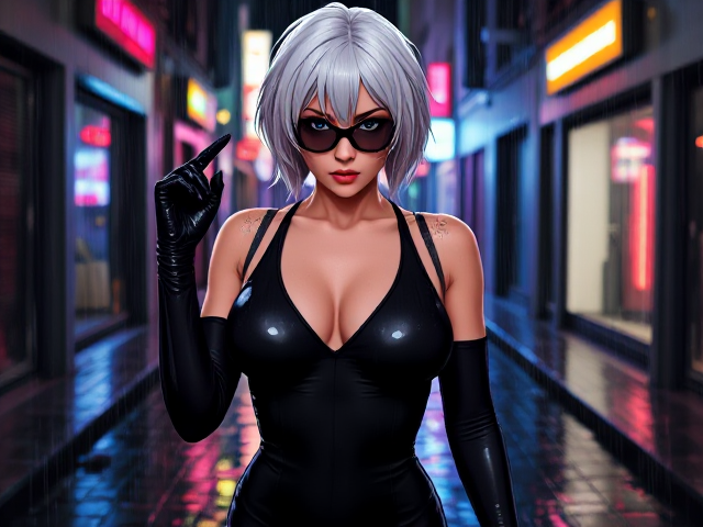 A fierce spy girl with short, choppy white hair, which is plastered against her face by the relentless rain. She wears a black tight jumpsuit that accentuates her athletic figure, the fabric clinging to her skin, revealing just a hint of cleavage. Her attire is completed with a pair of sleek, black gloves that extend up to her elbows, providing both protection and style. Her eyes are hidden behind a pair of stylish, yet practical, tinted glasses that glisten with raindrops. Despite the downpour, she glares intensely, her gaze piercing the veil of water as if it were invisible. Her clothes are wet and clinging, making her look like a modern-day Lara Croft. She stands in the center of a deserted, neon-lit alley, the reflections of the raindrops creating a vibrant dance of color around her. The wet cobblestone under her booted feet suggests an urban setting in Europe. The stark contrast of the white hair against the dark outfit and the gloomy backdrop of the night, combined with the sharpness of her glare, exude an aura of determination and secrecy. Her posture is poised, ready to spring into action at a moment's notice, as the rain beads off her body, highlighting her lean physique. The scene is tense, and the atmosphere is charged with anticipation, hinting at the thrilling mission she is about to undertake.