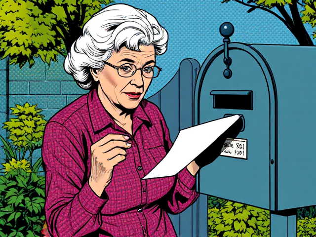 Créé une image montrant une vielle dame qui retire 1 courrier de sa boîte au lettre