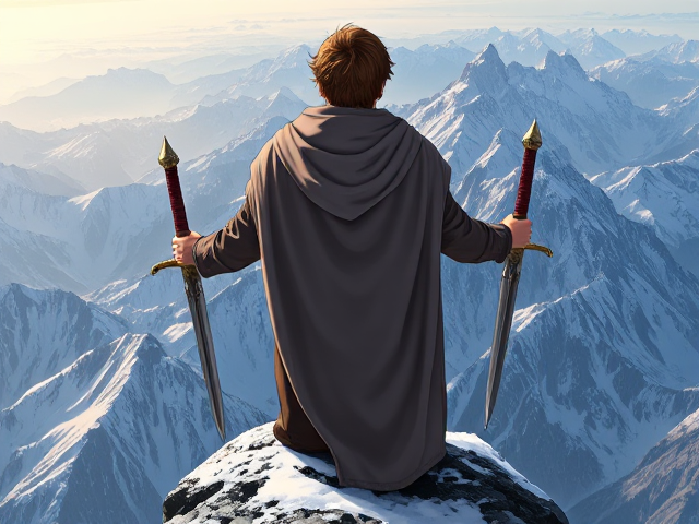 Young Viking warrior with medium brown hair, wearing a traditional Viking cloak draped over his head, stands majestically on top of a towering, snow-covered mountain peak. He holds two intricately designed Viking daggers in a firm downward stance, his back turned to the viewer. The scene is illustrated in vibrant anime art style, capturing the dramatic and epic atmosphere of the landscape