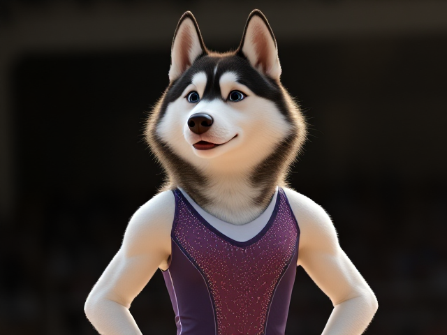 A anthropomorphic Siberian husky Olympic gymnast wearing a leotard