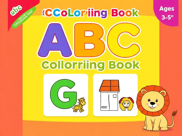 "Create a bright and colorful cover for an ABC coloring book designed for children ages 3-5. The title 'ABC Coloring Book' should be large, colorful, and fun, with the age range (3-5) in a corner. Include four sections with different alphabet letters and matching cartoon illustrations. For example, use the letter 'G' with a giraffe, 'H' with a house, or other animals or objects that kids would recognize. The style should be playful, with thick lines and vibrant colors, similar to a typical children's coloring book. Include a friendly cartoon character at the bottom corner, similar to a lion or bear, but feel free to customize it as long as it's child-friendly."