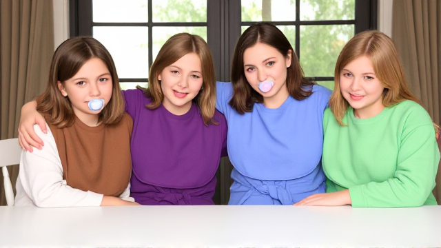 Quatre filles adolescentes aux cheveux lisses et dégagé et de différentes couleurs a l'avant assis à table avec des  grands Bavoirs simple de couleurs marron violet bleu et vert et des tétines en bouches elles sont en robe de différentes couleurs que les Bavoirs et ont des et elles se font un gros câlin et il y a une grande fenêtre derrière la table