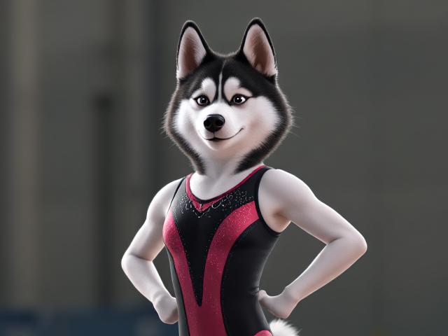 A anthropomorphic Siberian husky Olympic gymnast wearing a leotard