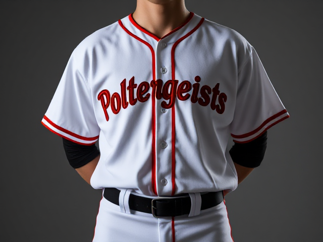 A white baseball jersey with poltergeists written across the front in red and orange with orange and red piping around the neck and cuffs of the jersey and white baseball pants with red and orange piping down the sides with a black belt and black sleeves