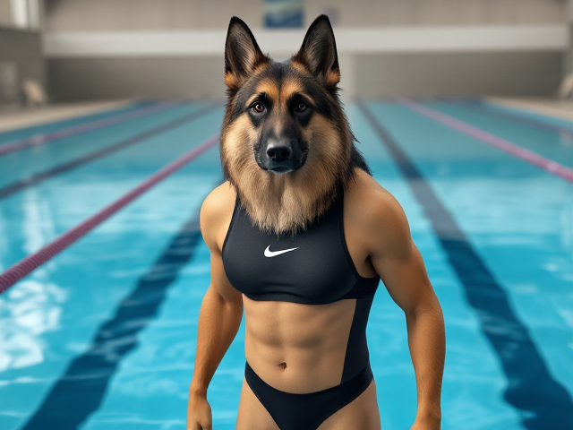A tall anthropomorphic long haired German shepherd with a long torso and broad shoulders, wearing a high cut Nike one piece swimsuit and swimming goggles, in a Olympic swimming pool