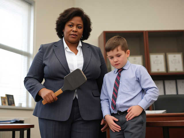 A tall, fat, black female in her 50s and dressed in a business pants suit, is a principal of an elementary school. She is standing in her office holding a spanking paddle. She has a stern facial expression. A young Caucasian boy in the 5th grade stands beside her. He is rubbing his bottom and has tears in his eyes