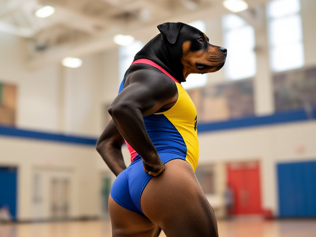 Anthropomorphic Rottweiler wearing a vibrant, colorful gymnastics leotard, highlighting strong and muscular hips, set in a lively gymnasium with bright lighting and energetic atmosphere