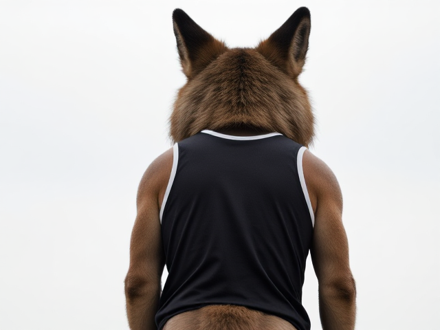 A anthropomorphic wolf wearing a maillot