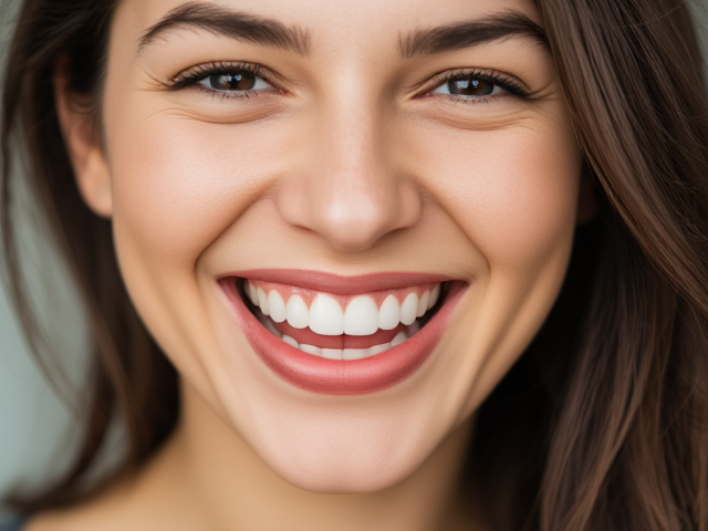 A woman smiling with two teeth missing