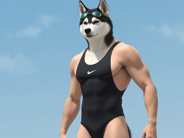 A tall and lean anthropomorphic Siberian husky with a long torso and broad shoulders wearing a high cut Nike one piece swimsuit and swimming goggles