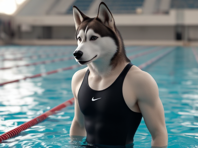 A tall anthropomorphic Siberian husky with a long torso and broad shoulders, wearing a high cut Nike one piece swimsuit, in a Olympic swimming pool