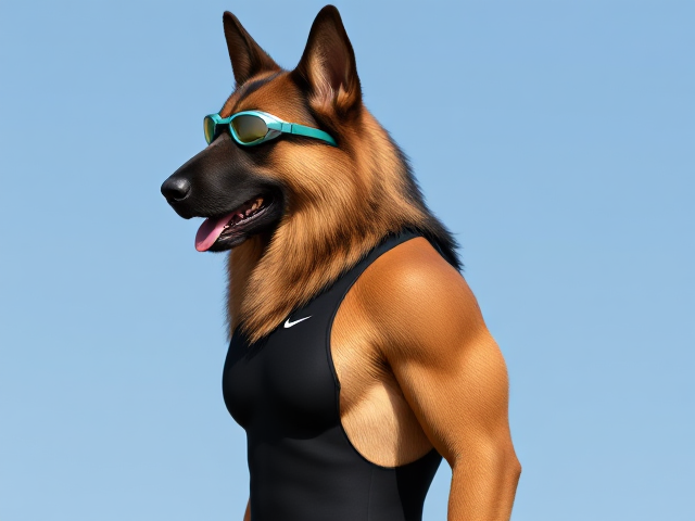 A tall and lean anthropomorphic long haired German shepherd with a long torso and broad shoulders wearing a high cut Nike one piece swimsuit and swimming goggles
