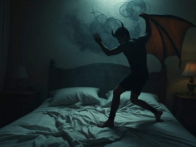Essence of a young man with insomnia and anxiety, engaged in a perpetual symbolic dance with the devil. Both are trying to control the rhythm, the devil pulling him towards madness. The scene embodies his eternal bond with insomnia. Focus on the insomniac struggle, enveloped in darkness with abstract elements, featuring a jaded bedroom setting