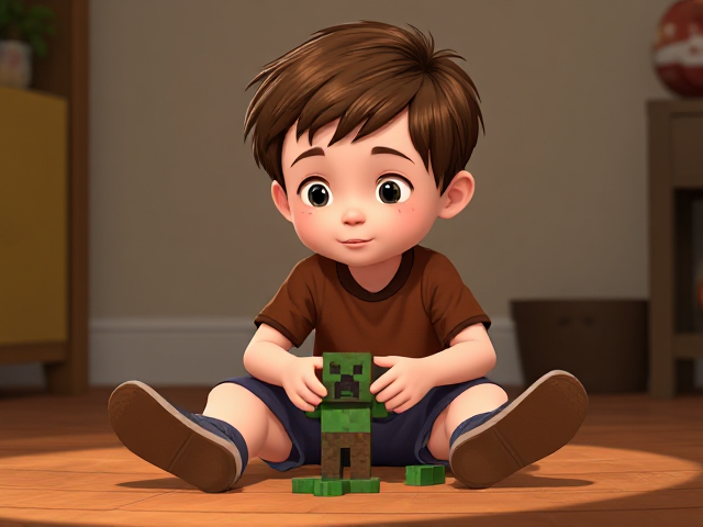 A young boy with brown hair white skin and lots of freckles sitting on the floor playing with a Minecraft toy in a animated style
