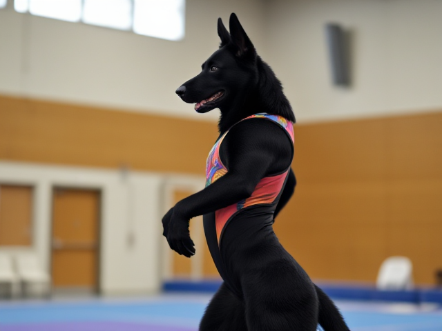 Anthropomorphic black German shepherd with strong hips, wearing a colorful gymnastics leotard, performing in a gymnasium setting, dynamic pose
