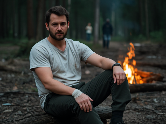 "Generate a man sitting in a forest setting in front of a campfire. He should be sitting on a log with his legs turned upward and his arms resting on his knees. His posture should be slightly slouched, like someone who's been through a long, rough day. The man should have short, slightly messy hair and a scruffy beard. He should wear a torn, dirty white t-shirt with some small rips and stains, and olive green cargo pants. His hands should be lightly wrapped with bandages, showing a little wear and tear. The expression on his face should reflect a sense of tiredness, like someone surviving in the wild. He should be lit by the glow of the campfire, adding warmth and realism to the scene."