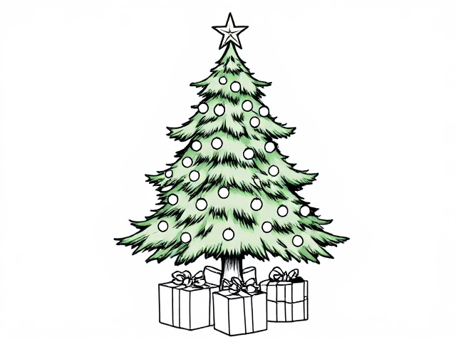 Christmas tree, coloring book, cartoon stle, thick lines, no color, white background, only lines, with presents below it