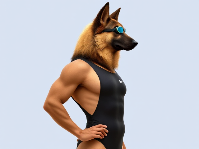 A tall and lean anthropomorphic long haired German shepherd with a long torso and broad shoulders wearing a high cut Nike one piece swimsuit and swimming goggles