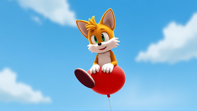 Tails the Fox sits on a red balloon to pop it SEGA Video Game