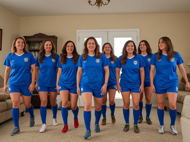 women’s soccer team (where every member is in their 40s) wearing blue uniforms and blue knee high socks walks around inside suburban home, laughing hysterically and uncontrollably again and again