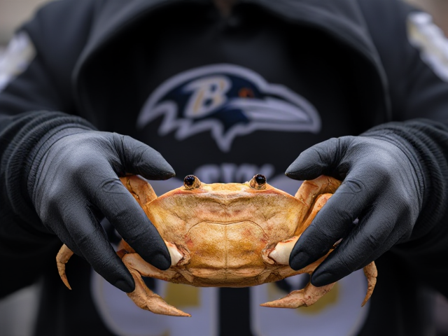 ravens supporter holding a crab