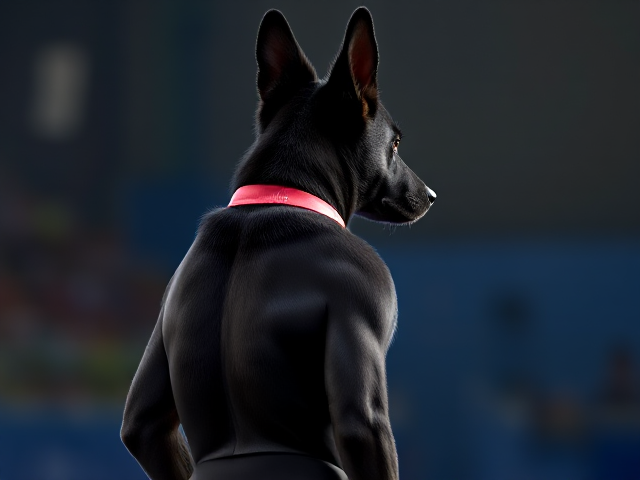 A anthropomorphic black German shepherd Olympic gymnast wearing a leotard