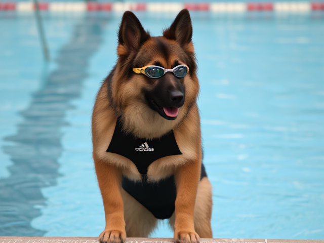 A tall anthropomorphic long haired German shepherd wearing an adidas swimsuit and swimming goggles stretching before a swim