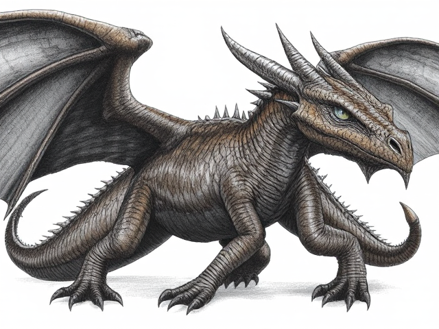 Female dragon with leather brown scales and dark midnight-black wings; obsidian black underbelly and dark brown clawed feet. She has a deep, jagged scar crossing the left side of her face from her eye down to her nose, alongside small yet numerous battle marks and scratches. Her eyes are ice blue. Narrow, beautiful face and an elegantly long neck. Has ears like a horse. Powerfully and dominantly built with taut muscles under her scales. She moves purposefully and proudly; has an expression of hope in her face
