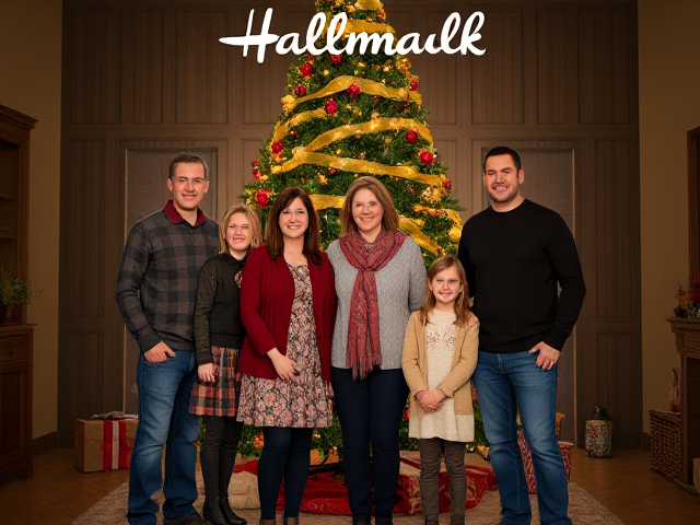 Design a hallmark movie poster with a family of 6 standing in front of a Christmas tree